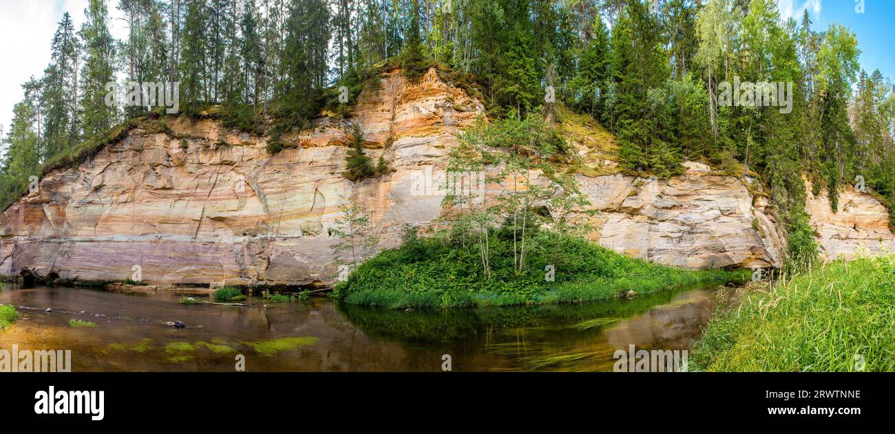 Vista panoramica della scogliera di sabbia di Suur Taevaskoja nella foresta estone all'aperto in estate. Splendida vista panoramica. Foto Stock