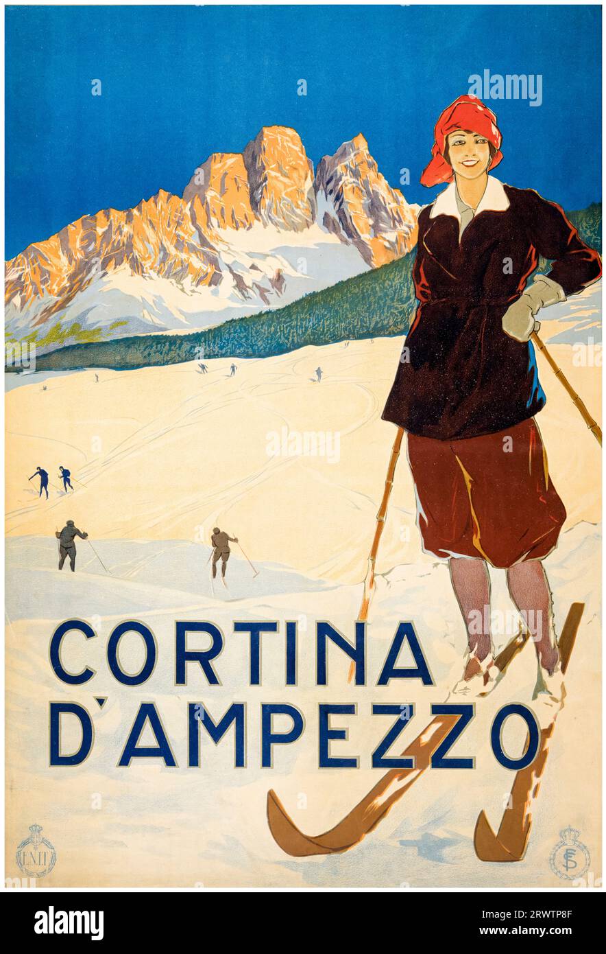 Cortina d'Ampezzo, stazione sciistica, Italia, poster di viaggio vintage italiano, circa 1920 Foto Stock