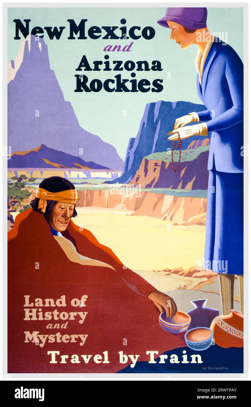 New Mexico e Arizona rockies, viaggio in treno, poster di viaggio vintage americano, circa 1925 Foto Stock