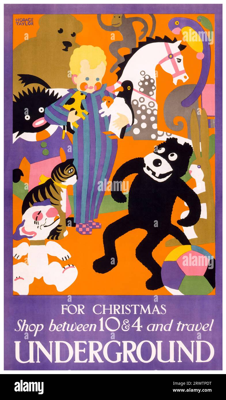 Christmas Shopping, London Underground, poster di viaggi vintage britannici, 1924 Foto Stock