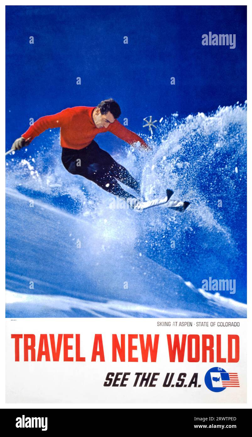 Ski, Aspen, Colorado, USA, poster di viaggio vintage americano, 1962 Foto Stock