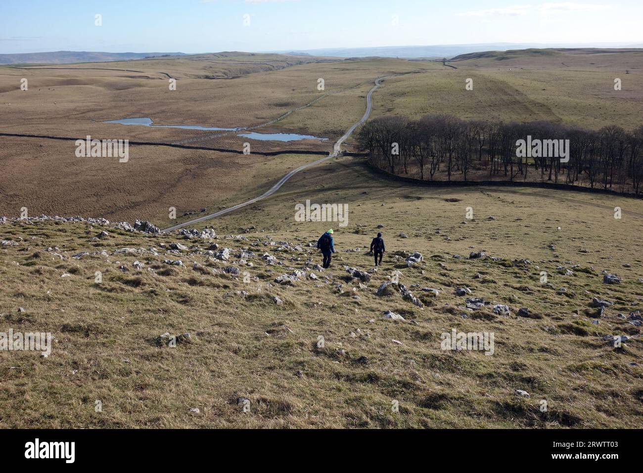Due uomini (escursionisti) camminando lungo la "Great Close Hill" vicino a Street Gate e Malham Tarn sulla Mastiles Lane, una vecchia "strada romana" vicino a Malham, Yorkshire Dales. Foto Stock
