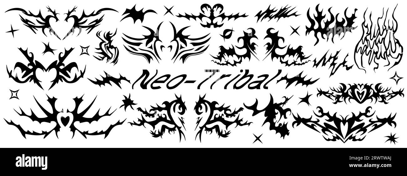 Set forme tribali Y2K Neo. Forme etniche astratte in stile gotico. elementi cyber moderni per il tatuaggio. Illustrazione vettoriale Illustrazione Vettoriale