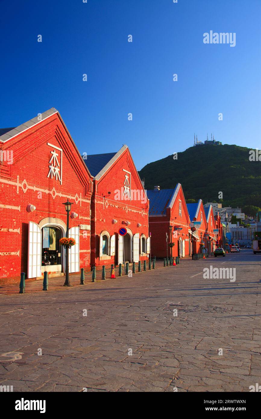 Kanemori Red Brick Warehouse e Mt. Hakodate al crepuscolo Foto Stock