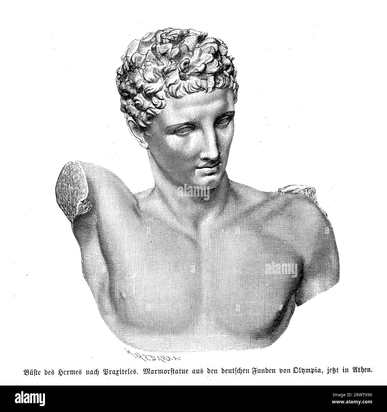 Statua in marmo di Ermes di Praxiteles o Ermes di Olimpia, antica scultura greca scoperta nelle rovine del Tempio di era, Olimpia, in Grecia. Ora al Museo Archeologico di Olimpia Foto Stock