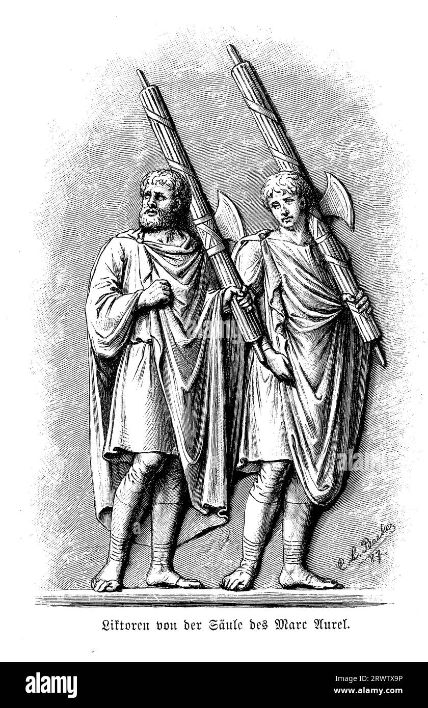 Licenziari romani con fascicoli, funzionari pubblici come assistenti e guardie del corpo di un magistrato, scultura in bassorilievo sulla colonna della vittoria di Marco Aurelio a Roma Foto Stock