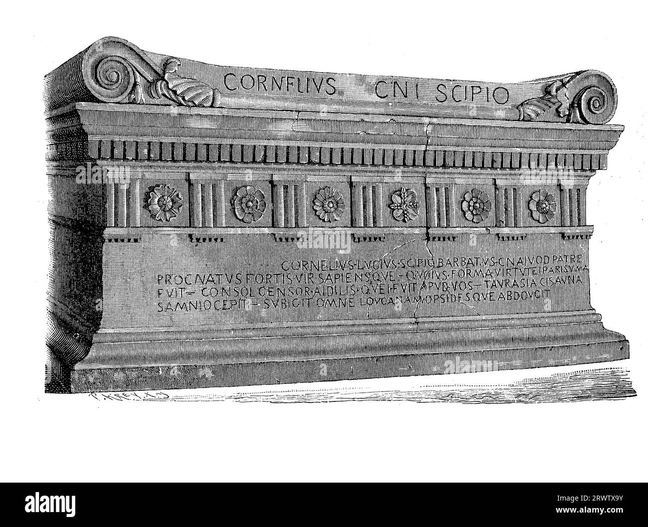 Antico sarcofago romano del 150 a.C. circa di Lucio Cornelio Scipione Barbato console romano e bisnonno di Scipione Africano, ora in Vaticano, Roma Foto Stock