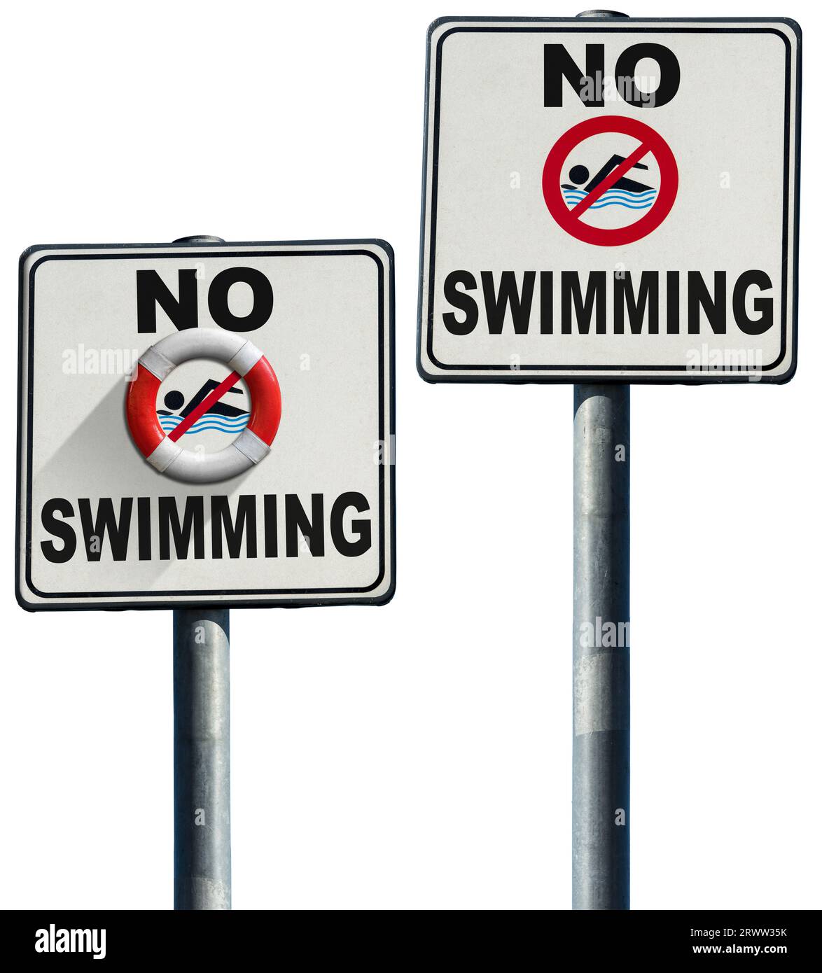 Nessun cartello per nuotare con palo isolato su sfondo bianco. Fotografia. Foto Stock