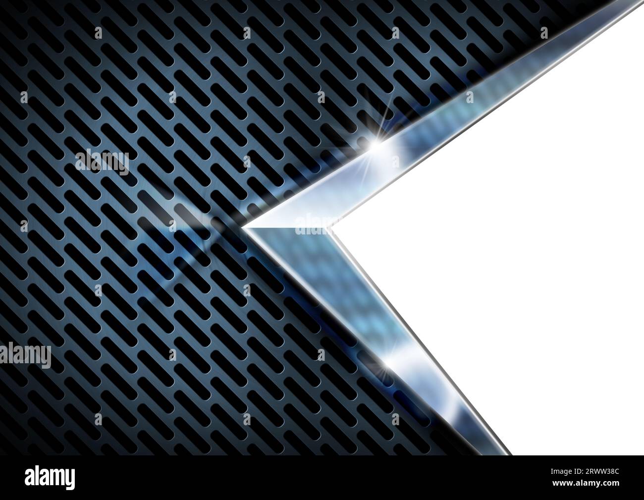 Background industriale. Griglia metallica blu e nera e forma geometrica cromata, isolata su sfondo bianco con spazio di copia, illustrazione 3d. Foto Stock