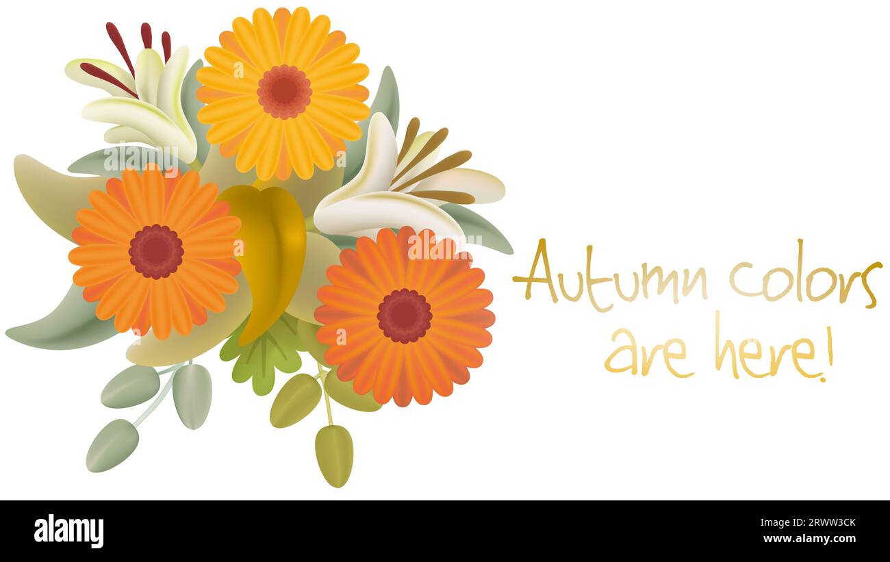 Banner con una frase sull'autunno accanto a un'illustrazione di un bouquet di fiori autunnali isolati su uno sfondo bianco. Foto Stock