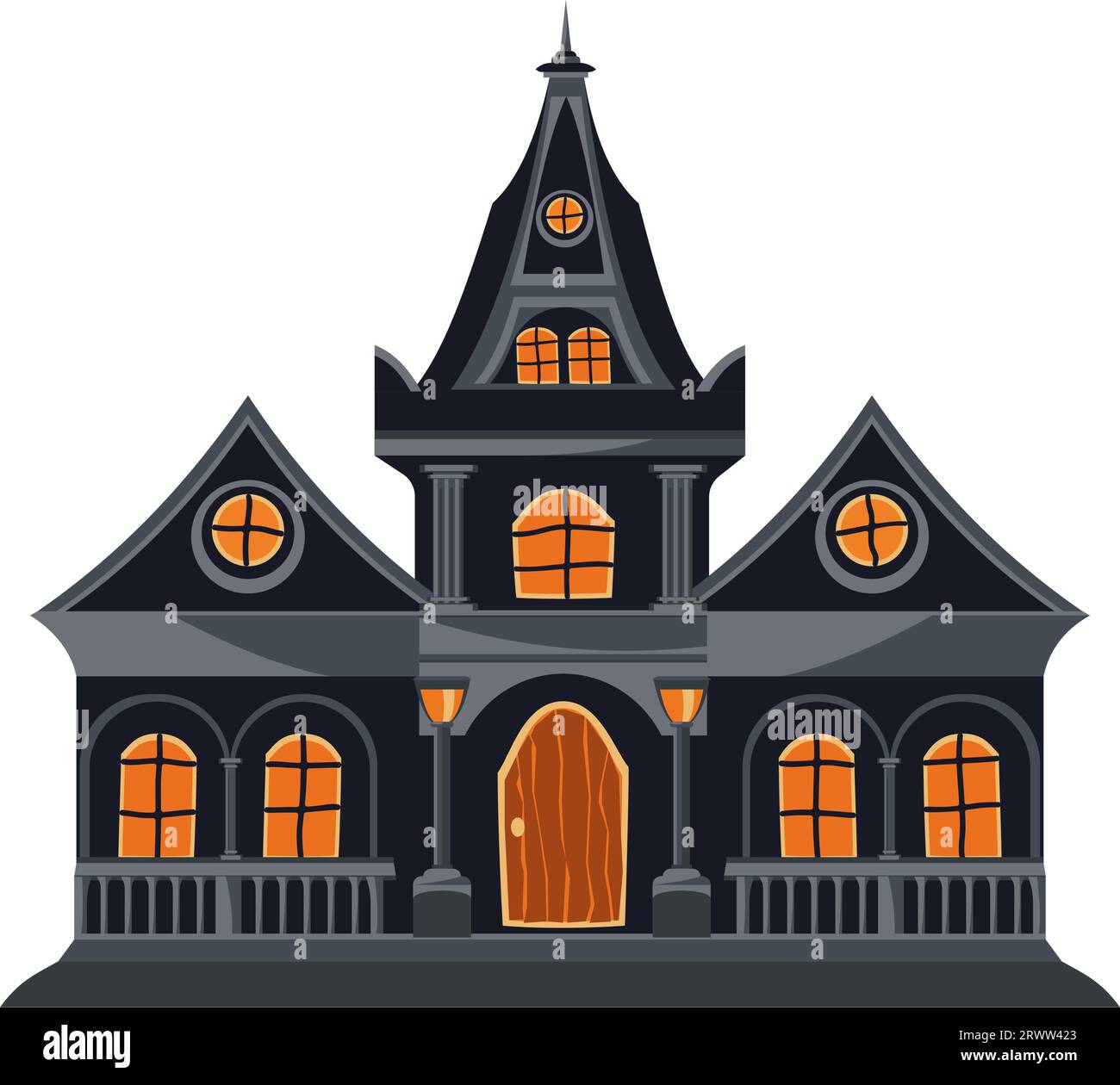 Cartone animato casa abbandonata. Una casa oscura e inquietante di Halloween, con un tetto a picco e molte finestre. Illustrazione vettoriale. Illustrazione Vettoriale