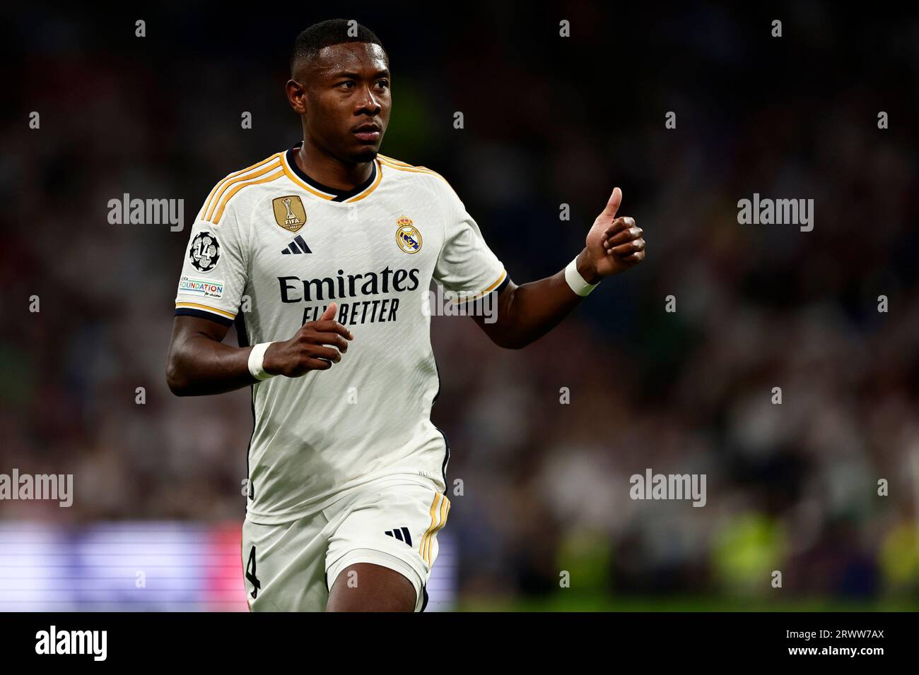 Madrid, Spagna. 20 settembre 2023. David Alaba del Real Madrid CF gesti durante la partita di UEFA Champions League tra Real Madrid CF e FC Union Berlin allo Stadio Santiago Bernabeu il 20 settembre 2023 a Madrid, in Spagna. Crediti: Marco Canoniero/Alamy Live News Foto Stock