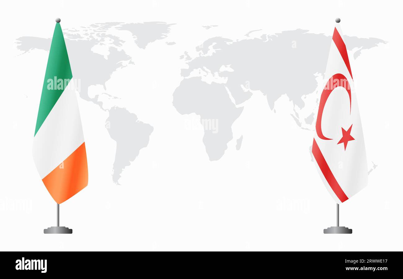 Irlanda e Repubblica turca di Cipro del Nord bandiere per riunioni ufficiali sullo sfondo della mappa mondiale. Illustrazione Vettoriale