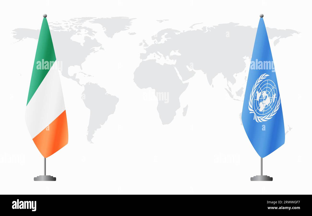 L'Irlanda e le Nazioni Unite bandiere per un incontro ufficiale sullo sfondo della mappa mondiale. Illustrazione Vettoriale