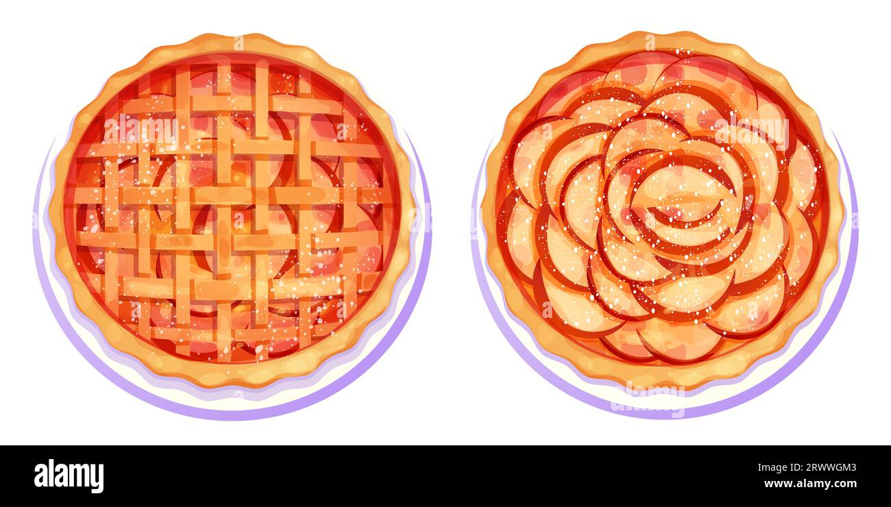 Prepara la torta di mele Homemde sul piatto, crostata con vista sulla parte superiore dello zucchero a velo, panetteria rotonda completa, dessert in stile cartone animato isolato su sfondo bianco. Illustrazione vettoriale Illustrazione Vettoriale