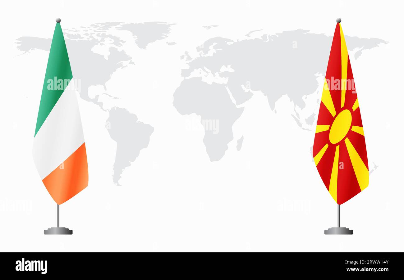 Irlanda e Macedonia del Nord bandiere per riunioni ufficiali sullo sfondo della mappa mondiale. Illustrazione Vettoriale