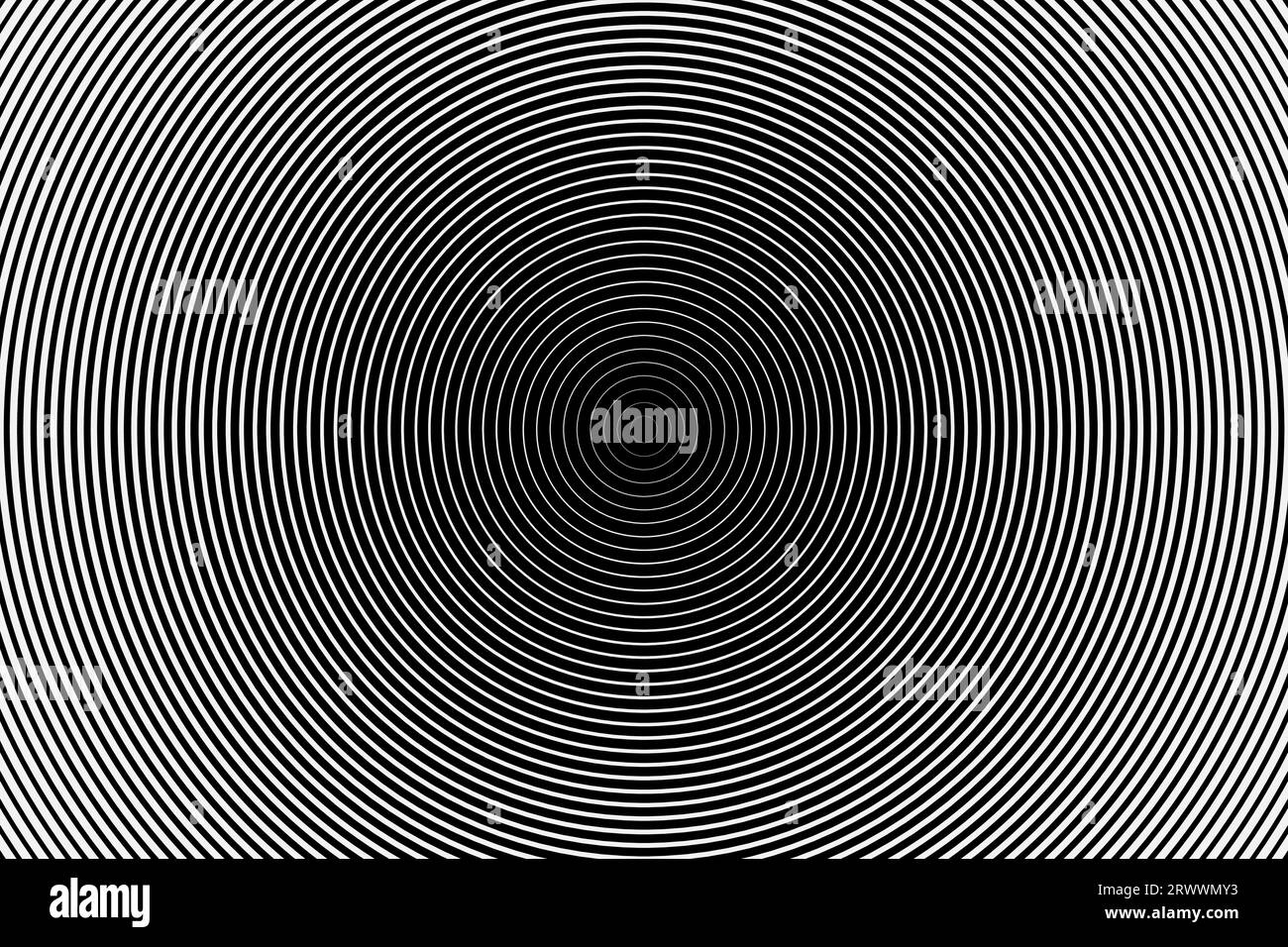 Modello vettoriale dei cerchi concentrici. Pattern ipnotico dinamico degli anelli per lo sfondo dei contenuti dei social media o la progettazione di poster. Bianco su sfondo nero. Illustrazione Vettoriale