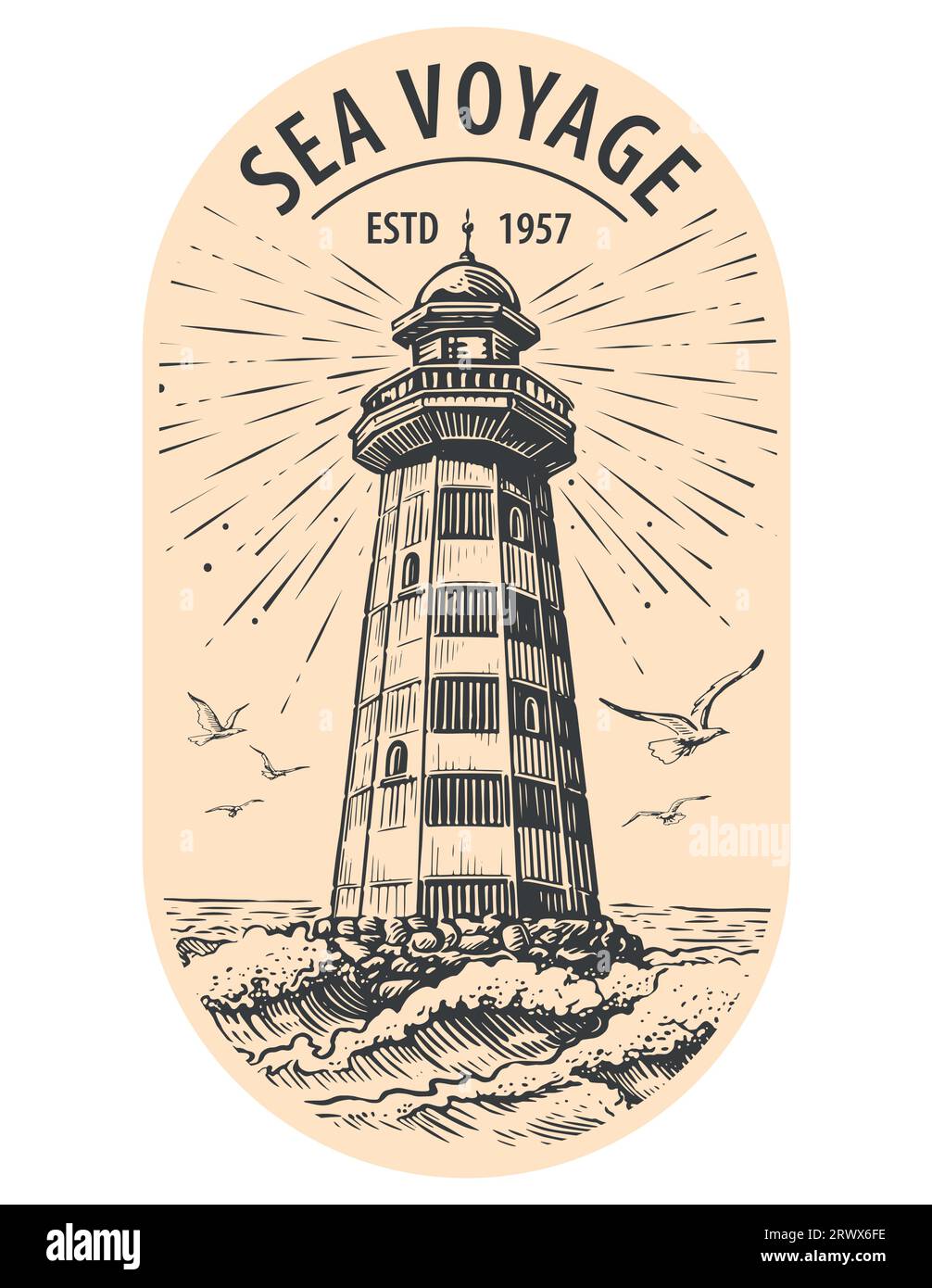 Il vecchio faro brilla su un'isola bagnata dalle onde del mare. Stile di incisione con illustrazione vettoriale di schizzo beacon vintage Illustrazione Vettoriale