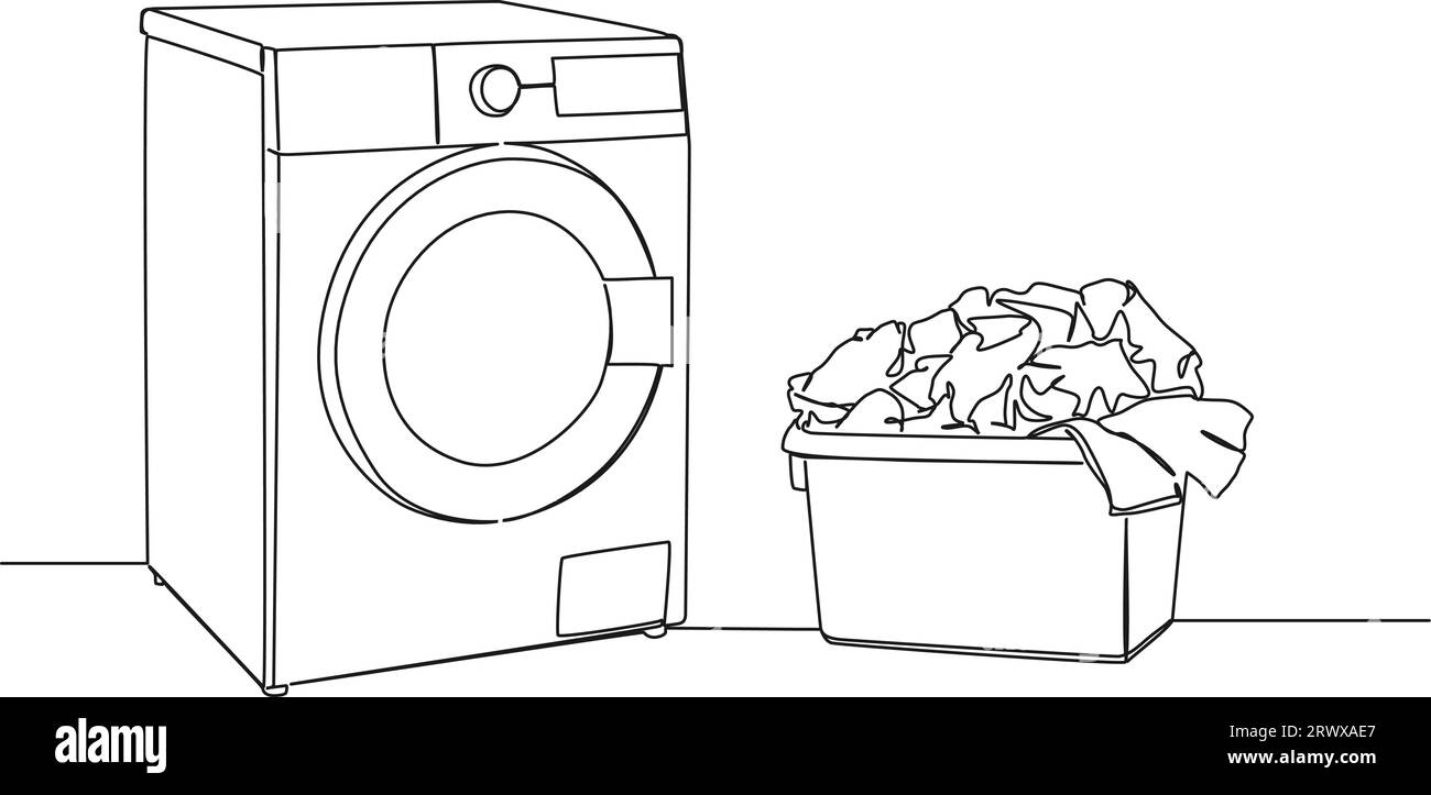disegno continuo a linea singola della lavatrice e del cesto con lavanderia, illustrazione vettoriale line art Illustrazione Vettoriale