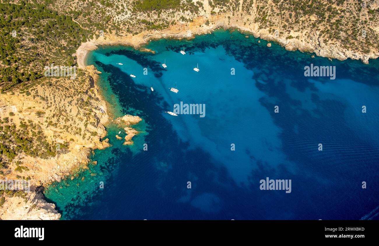 Vista aerea, baia con spiaggia rocciosa Cala D'Egos, barche a vela e catamarani nel profondo blu del mare, Andratx, Isole Baleari, Maiorca, Spagna, Balearen, ES, EUR Foto Stock