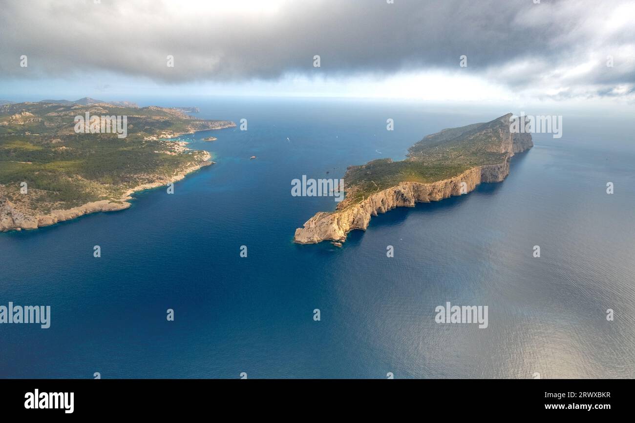 Vista aerea, sa Dragonera, Isola del Drago con far de Tramuntana, Andratx, Isole Baleari, Maiorca, Spagna, Balearen, ES, Europa, Isola, Dragonera IS Foto Stock