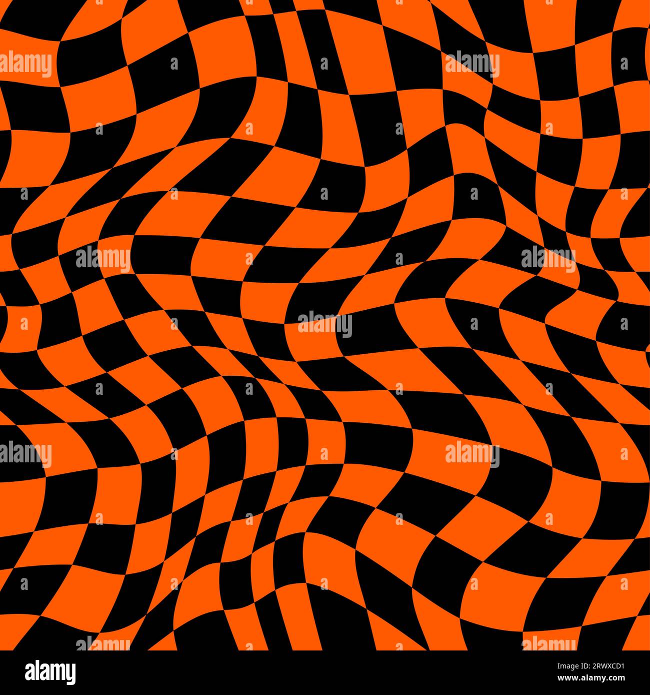 Motivo psichedelico ottico di Halloween senza cuciture o sfondo ondulato curvato, mosaico vettoriale a scacchi nero e arancione. Sfondo horror per le vacanze notturne di Halloween con fantasia ipnotica a illusione ottica Illustrazione Vettoriale