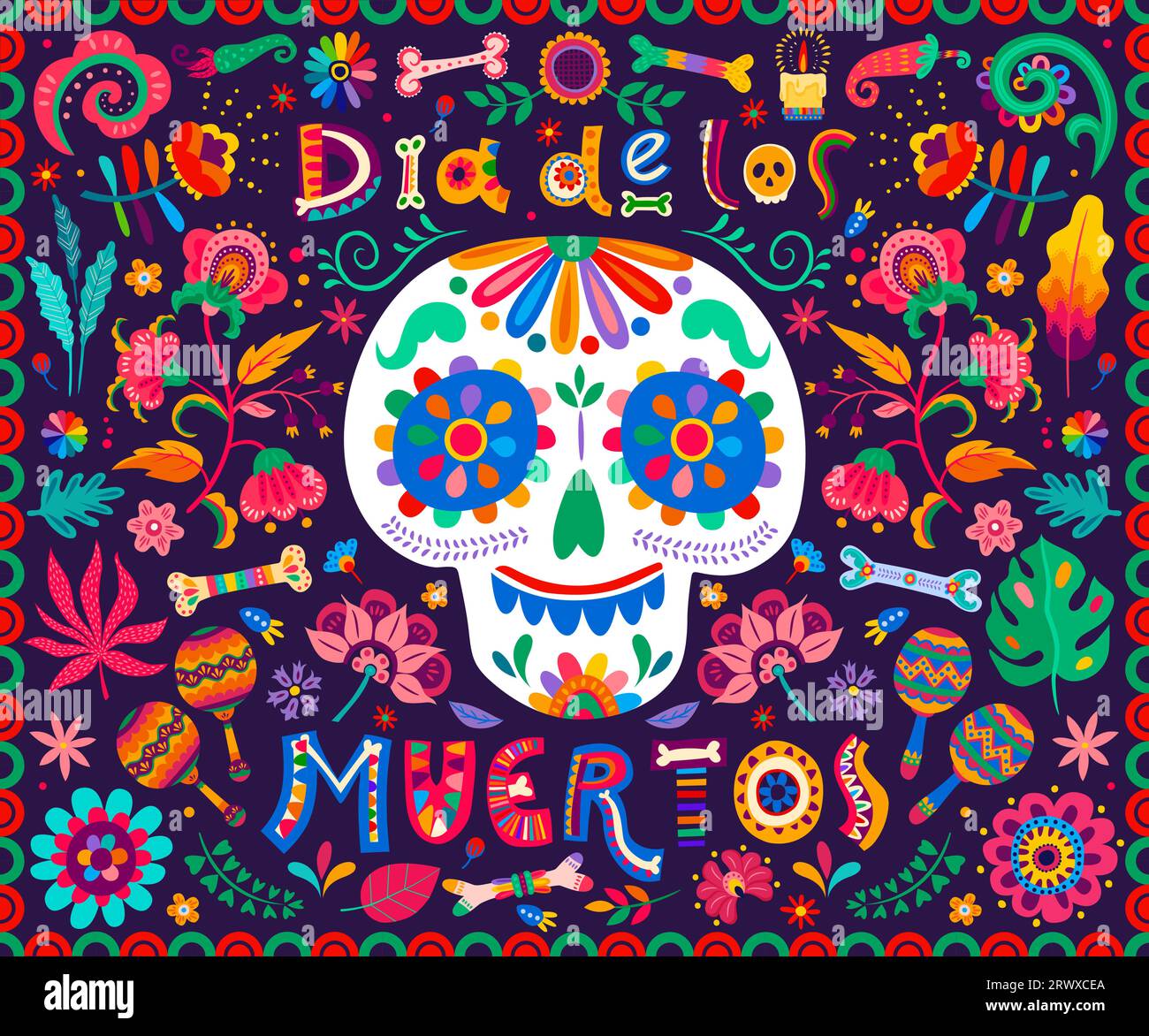 Dia de Los Muertos o bandiera vettoriale del giorno dei morti messicani con fiori tropicali e candele. Teschio di zucchero Calavera e ossa in ornamento floreale di maracas messicane e peperoncino Illustrazione Vettoriale