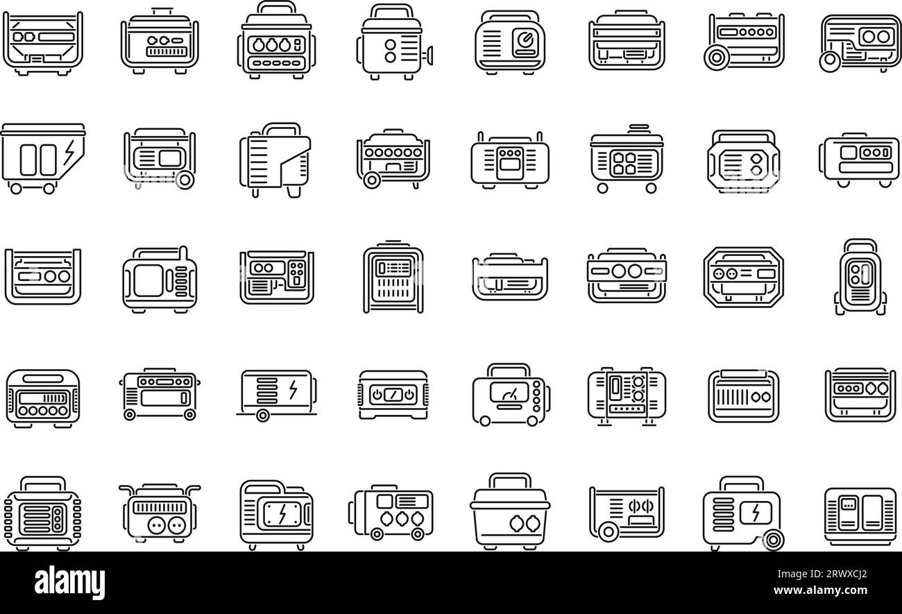 Le icone del generatore di energia impostano il vettore di contorno. Motore elettrico. Apparecchiature elettriche Illustrazione Vettoriale
