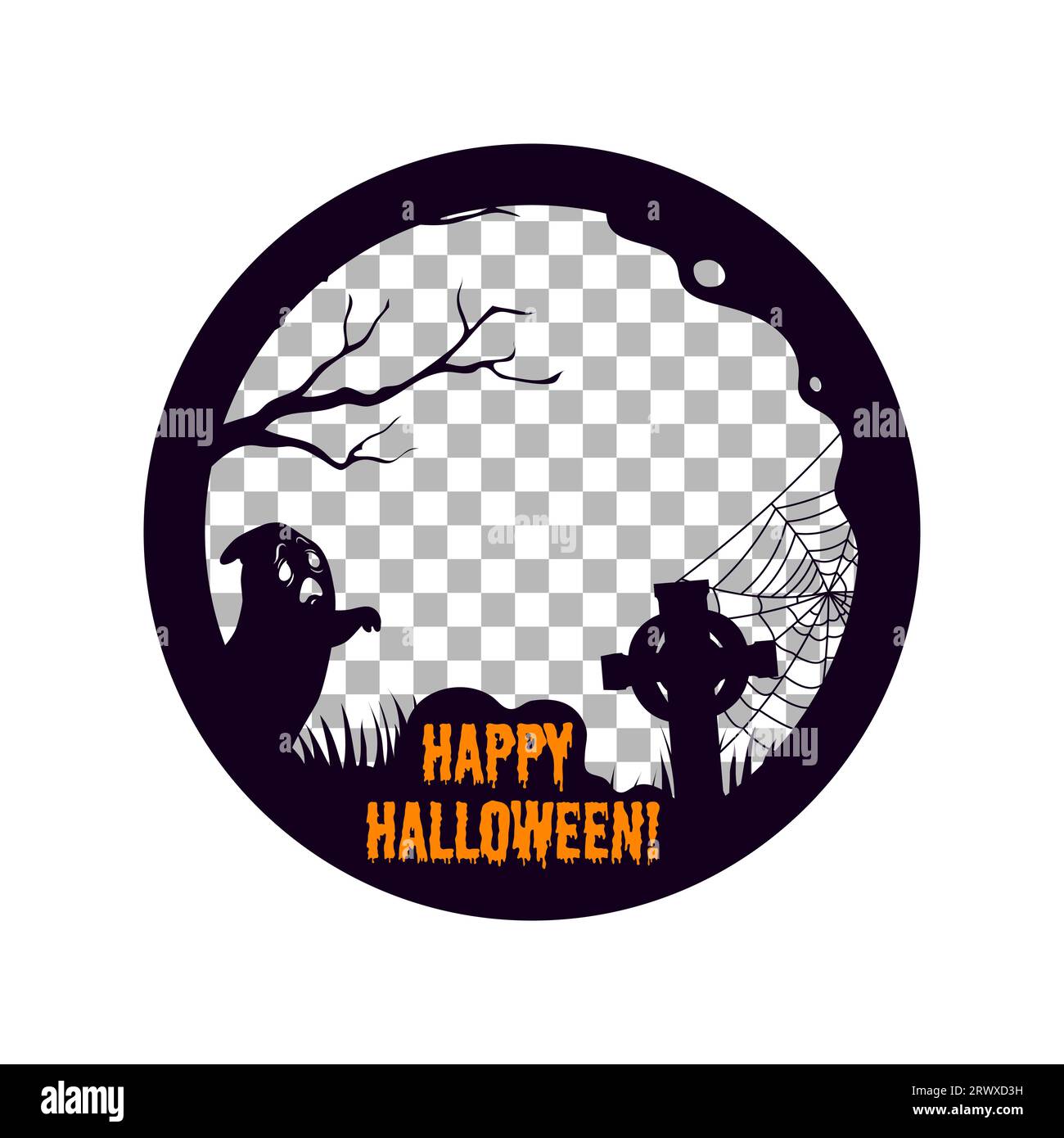 Cornice nera per Halloween, modello post sui social media con fantasma sul cimitero, silhouette vettoriale. Happy Halloween Holiday social media storytelling post frame con spettrali fantasmi o lapidi tombali in cobweb Illustrazione Vettoriale