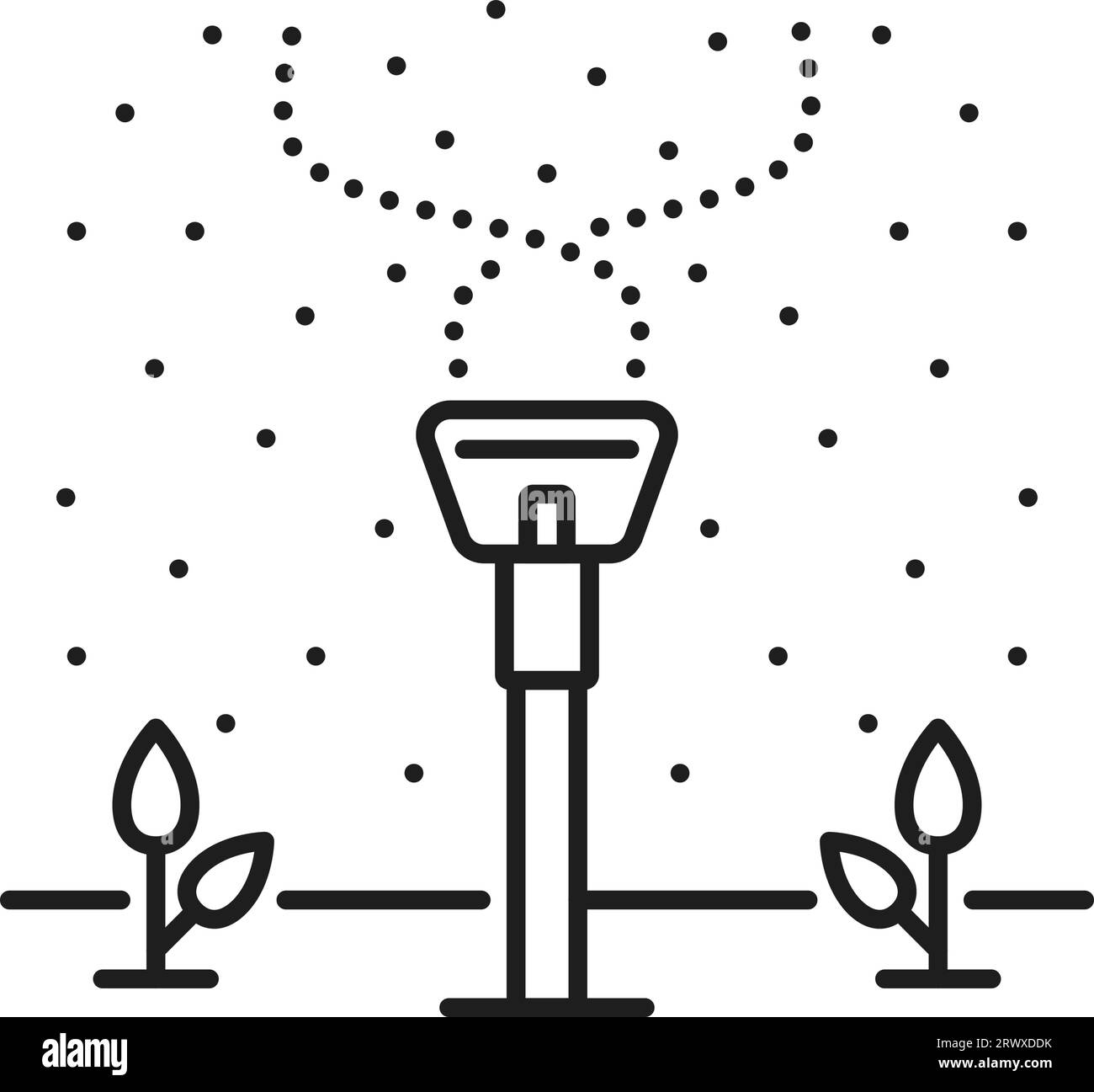 Icona del sistema di irrigazione per piante agricole. Piantine di campo irrigazione a goccia, tecnologia di irrigazione a spruzzo o sistema automatico aquaponics per delineare il segno vettoriale. Pittogramma o simbolo dell'attrezzatura di irrigazione agricola Illustrazione Vettoriale