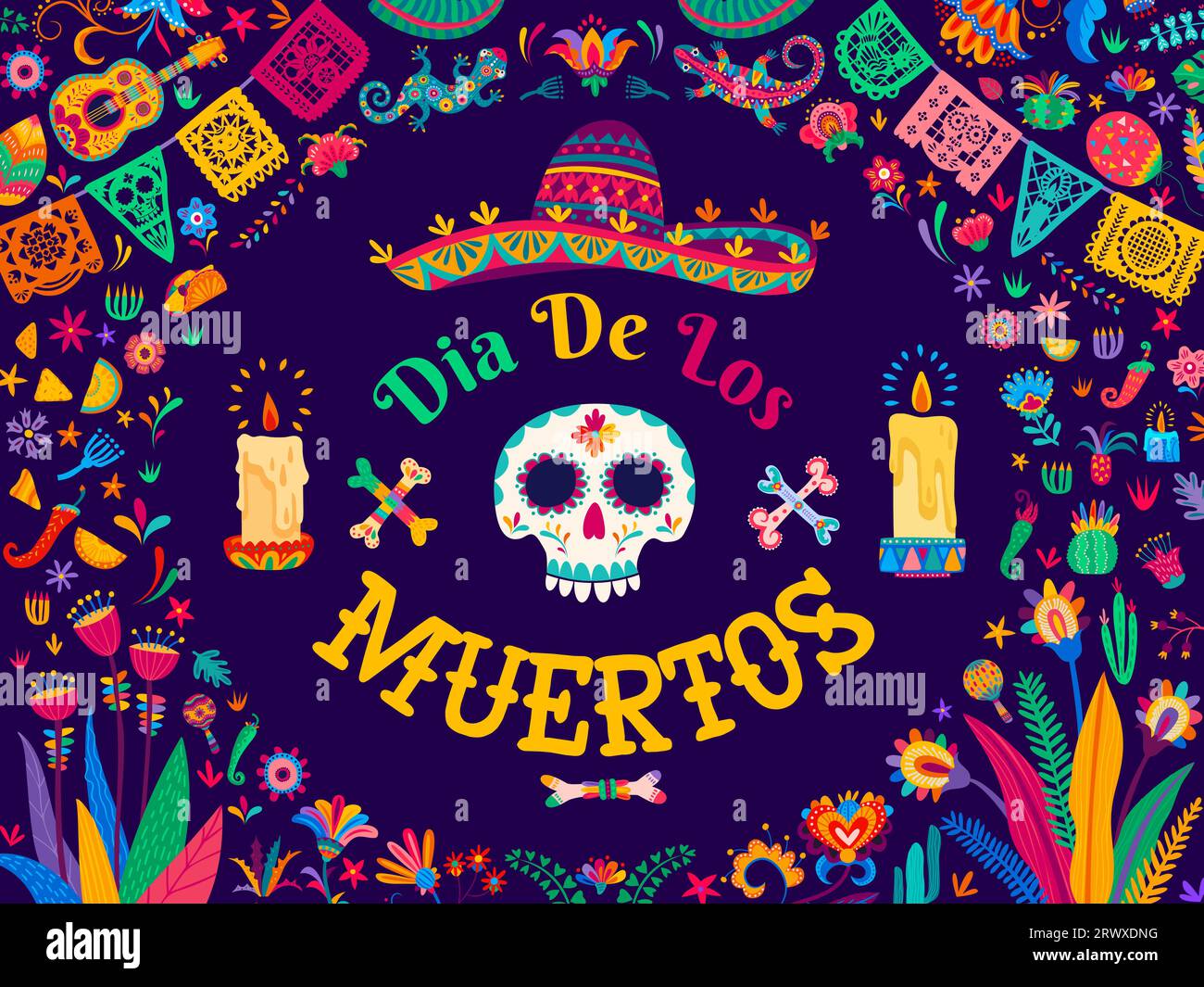 Dia de Los Muertos o bandiera del giorno dei morti con teschio di calavera in sombrero, bandiere picado di papel vettoriali e candele. Sfondo Dia de Los Muertos per le vacanze messicane, chitarre e maracas con ornamenti floreali Illustrazione Vettoriale