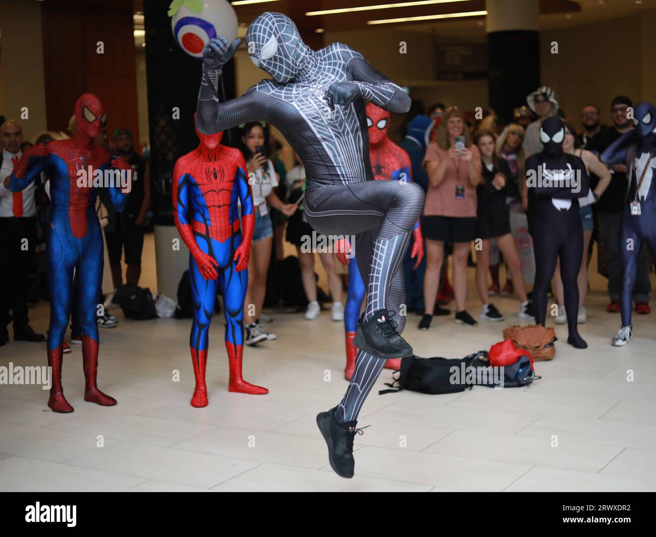 I cosplayer vestiti da Spider-man partecipano al fan Expo Canada al Metro Toronto Convention Centre. La Canadian National Exhibition si svolge dal 18 agosto al 4 settembre 2023 presso l'Exhibition Place di Toronto. E' una tradizione di fine estate dal 1879. Foto Stock