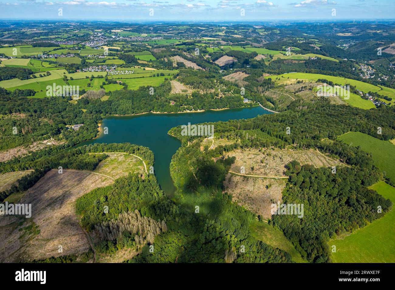 Vista aerea, diga di Glörtal e muro di diga, Haus Glörtal, DJH Jugendherberge Glörsee, area forestale con danni forestali e taglio netto, Loh, Breckerfeld, R. Foto Stock