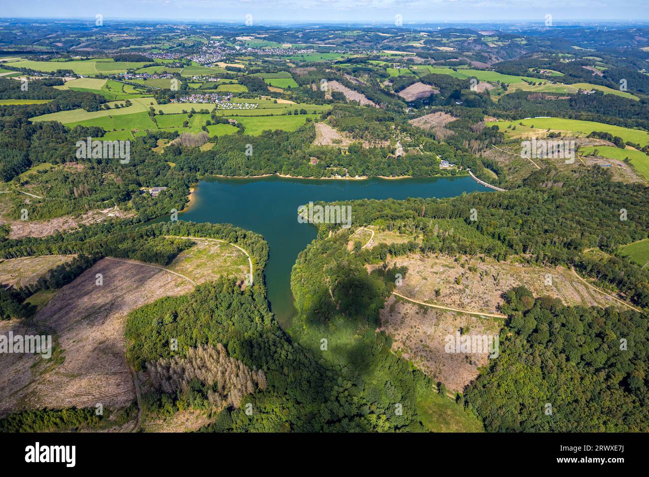 Vista aerea, diga di Glörtal e muro di diga, Haus Glörtal, DJH Jugendherberge Glörsee, area forestale con danni forestali e taglio netto, Loh, Breckerfeld, R. Foto Stock