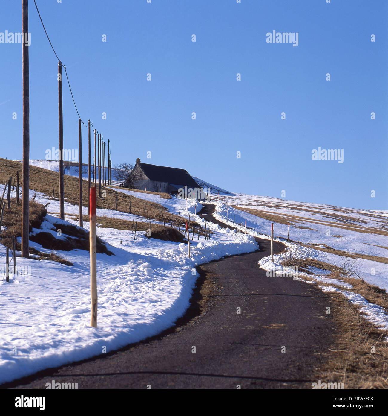 Fattoria in inverno, massiccio del Cezallier, Parco naturale regionale dei Volcans d'Auvergne, Puy de Dome, Francia, Europa Foto Stock