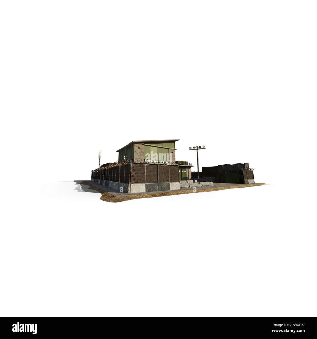 Rendering 3D di un vecchio edificio recintato con antenne su sfondo bianco Foto Stock