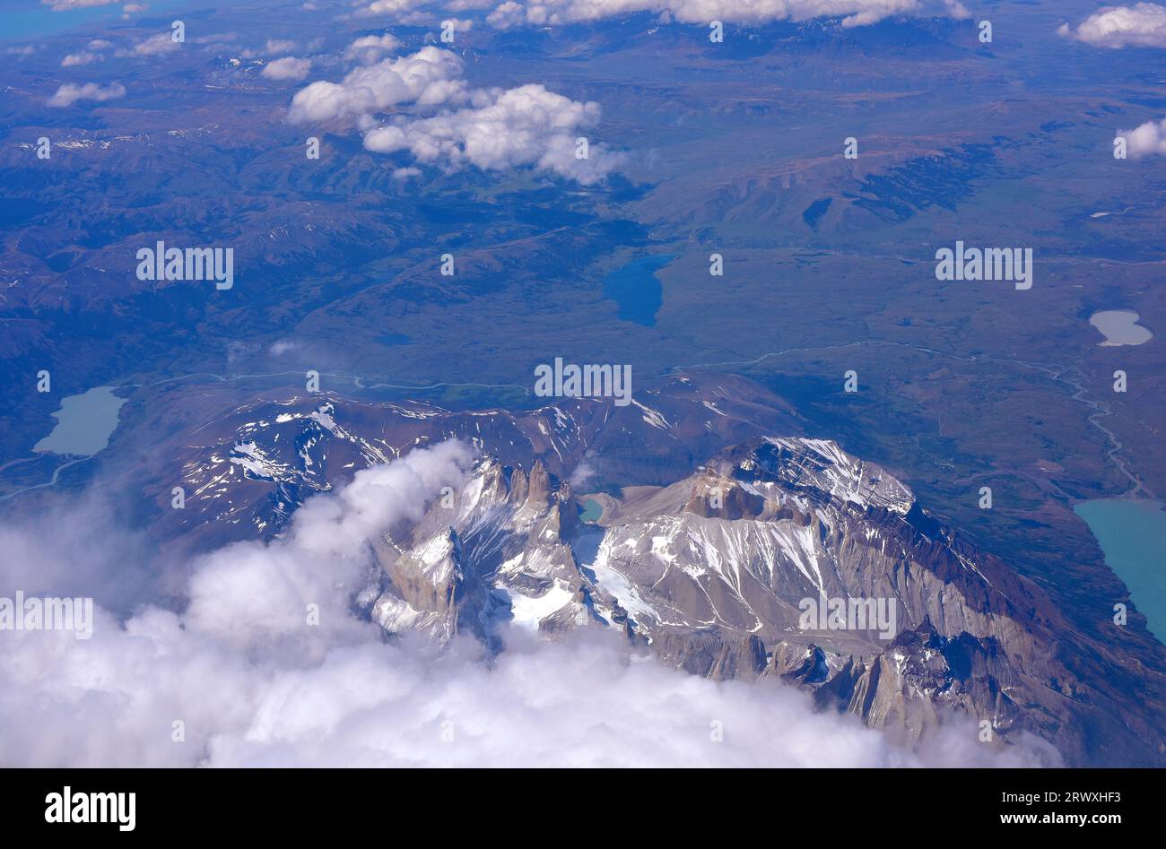 Parco nazionale Torres del Paine. Vista aerea. Provincia de ultima Esperanza, Magallanes y Antartica Chilena. Foto Stock