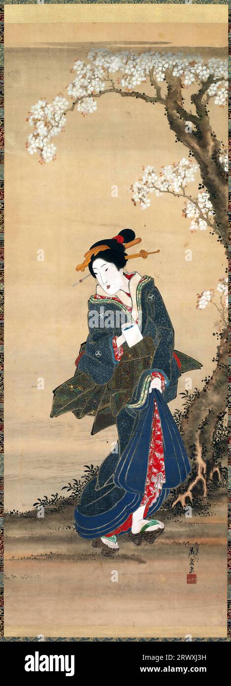Cortigiana dell'artista giapponese Keisai Eisen (1790-1848), rotolo appeso; inchiostro e colore su carta, anni '1800 Foto Stock