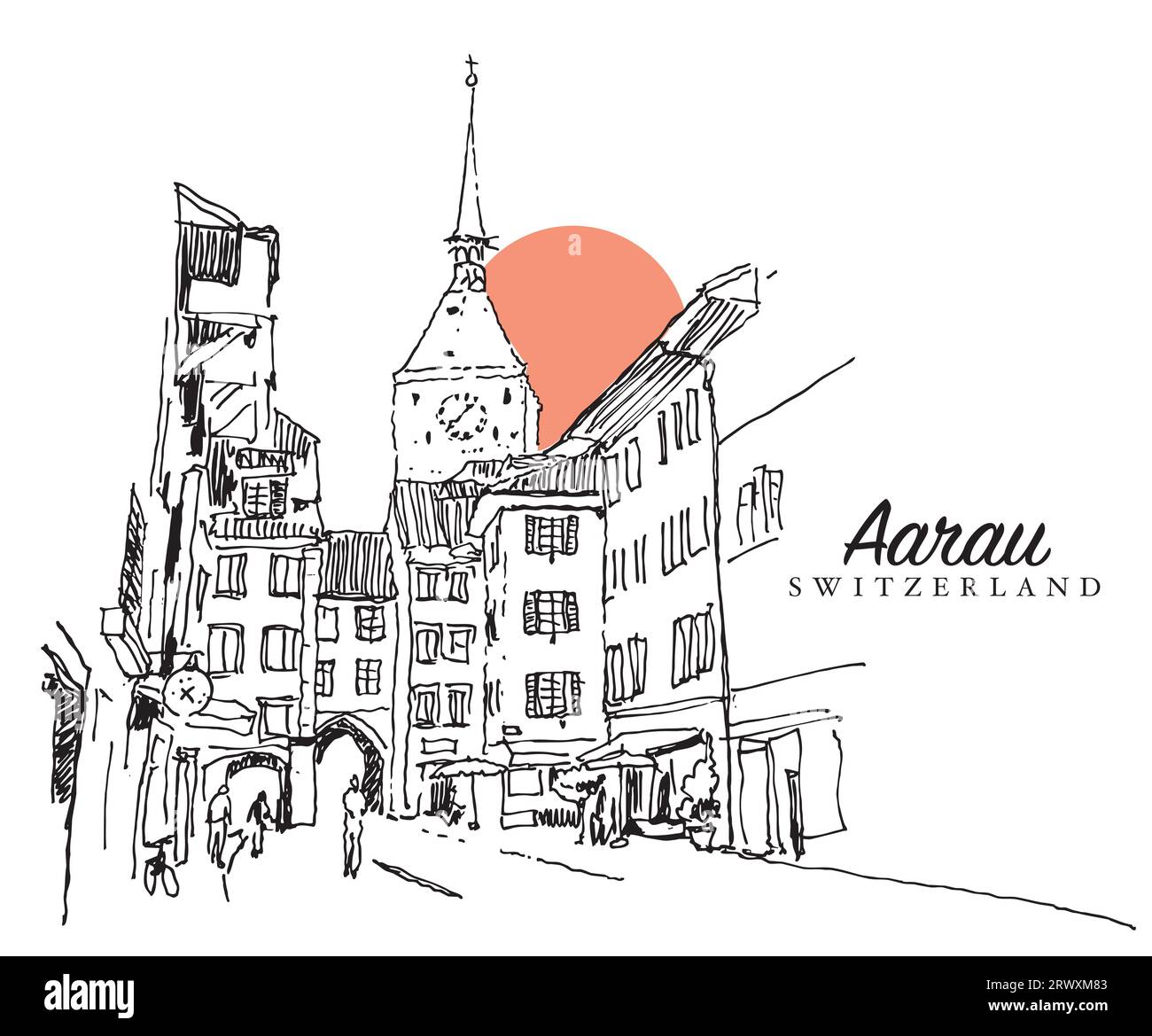 Disegno vettoriale disegnato a mano raffigurante una strada medievale nel cantone di Aarau in Svizzera. Foto Stock