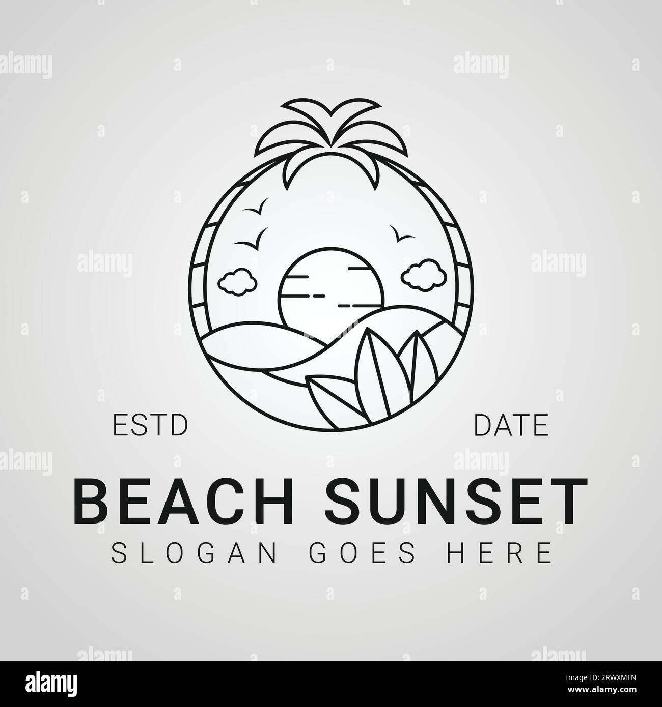 Logo Beach Sunset Badge Design Logo Logo Logo vacanza estiva logotipo Sun Waves Line Art Icon Illustrazione Vettoriale