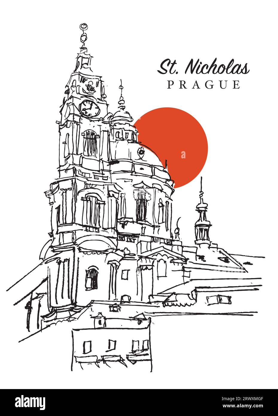 Disegno vettoriale disegnato a mano raffigurante St. Chiesa di Nicola a Praga, Cechia. Foto Stock