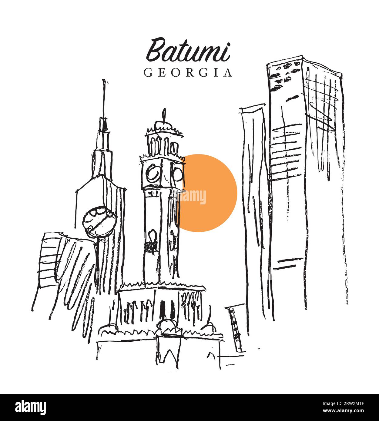 Disegno vettoriale disegnato a mano dei grattacieli e della Chacha Tower a Batumi, Georgia. Foto Stock