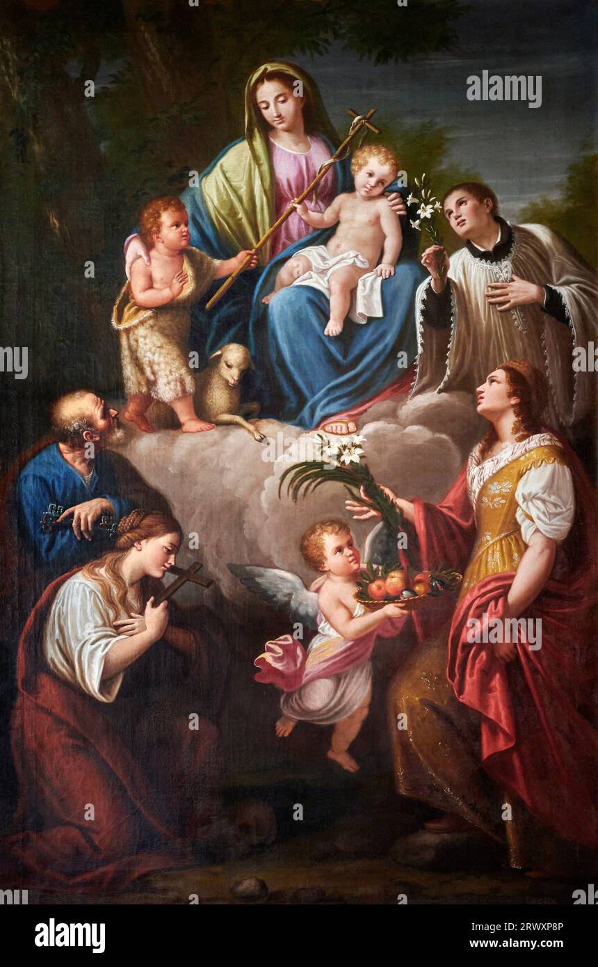 Madonna col bambino con S. Giovannino, S.. Maria Maddalena, S Dorotea, S. Pietro e S. Luigi Gonzaga - olio su tela - pittore lombardo della fine de XVIII Foto Stock