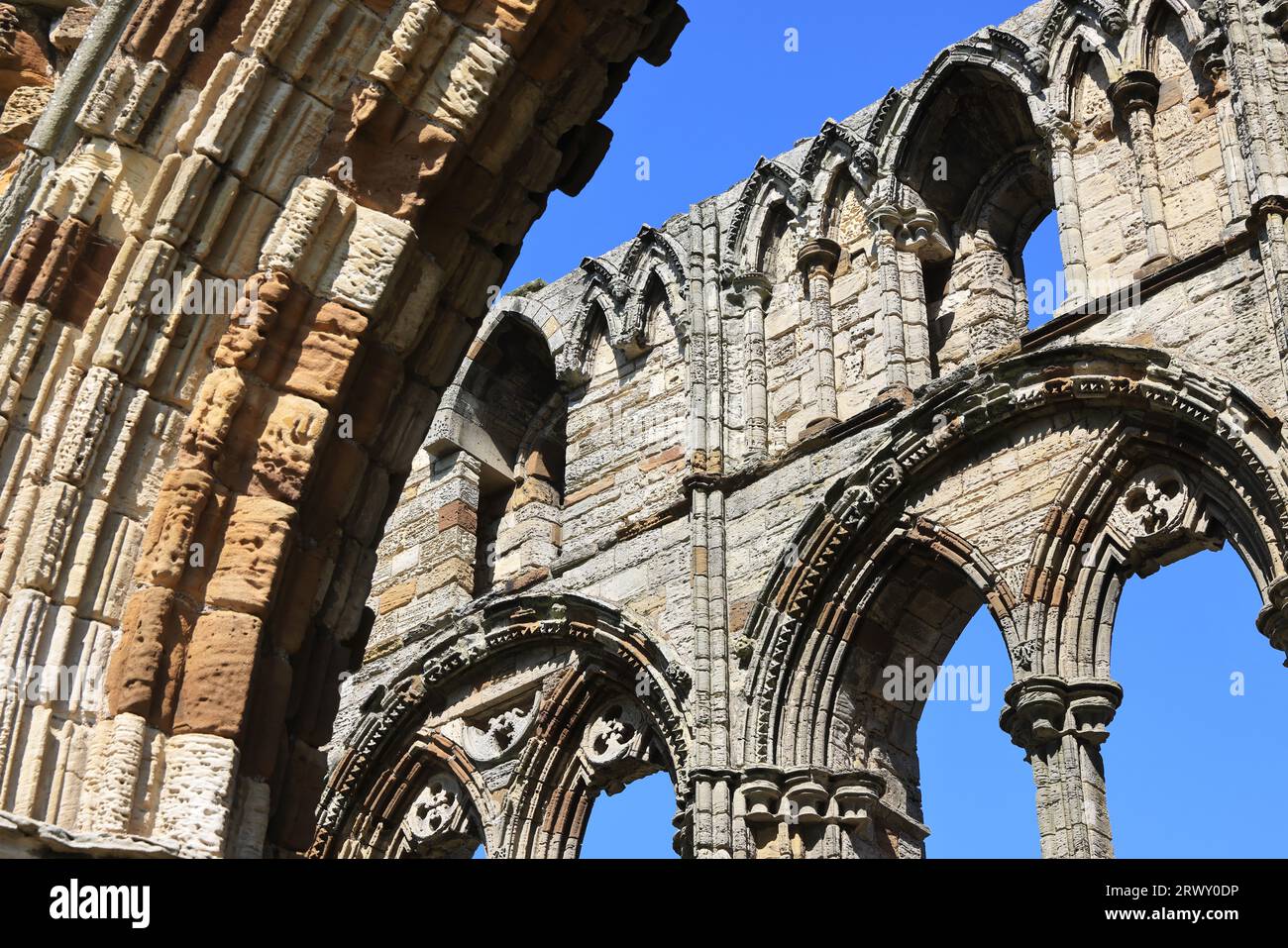 Whitby Abbey, un monastero cristiano del VII secolo che in seguito divenne un'abbazia benedettina. Ora patrimonio dell'umanità inglese, nel 1890 ha ispirato Dracula di Bram Stoker Foto Stock