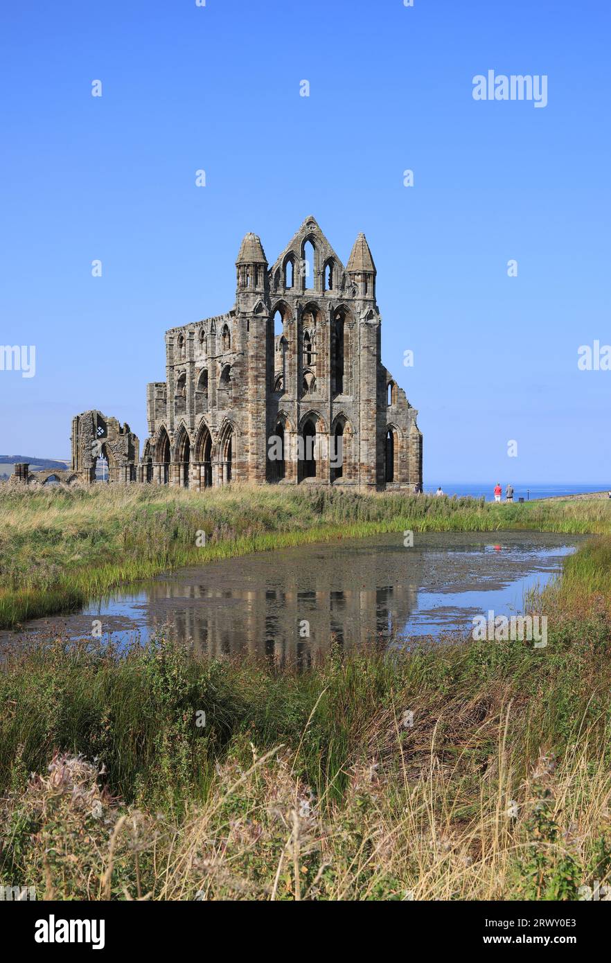 Whitby Abbey, un monastero cristiano del VII secolo che in seguito divenne un'abbazia benedettina. Ora patrimonio dell'umanità inglese, nel 1890 ha ispirato Dracula di Bram Stoker Foto Stock