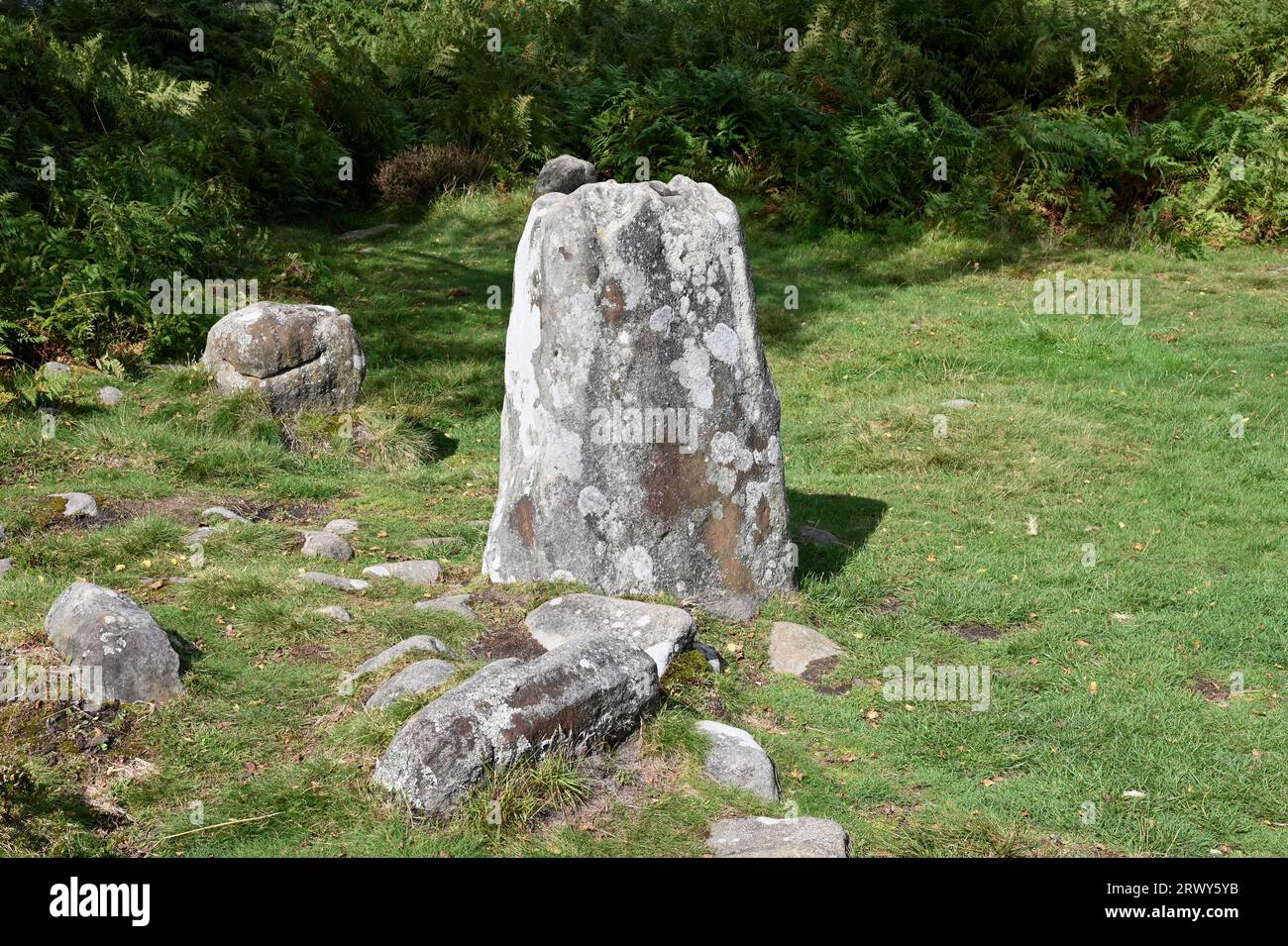 La più grande pietra in piedi nel Froggatt Edge Stone Circle (alias Stoke Flat Stone Circle) nel Derbyshire Peak District. Risale all'età del bronzo Foto Stock