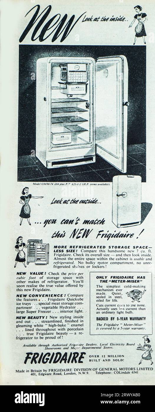 Una pubblicità del 1950 per un nuovo frigorifero Frigidaire in vendita al prezzo consigliato di £ 84. Descritto come un bel 7 cu. piedi E coperto da una garanzia di 5 anni. La pubblicità dice che sono stati costruiti e venduti oltre 12 milioni. Foto Stock