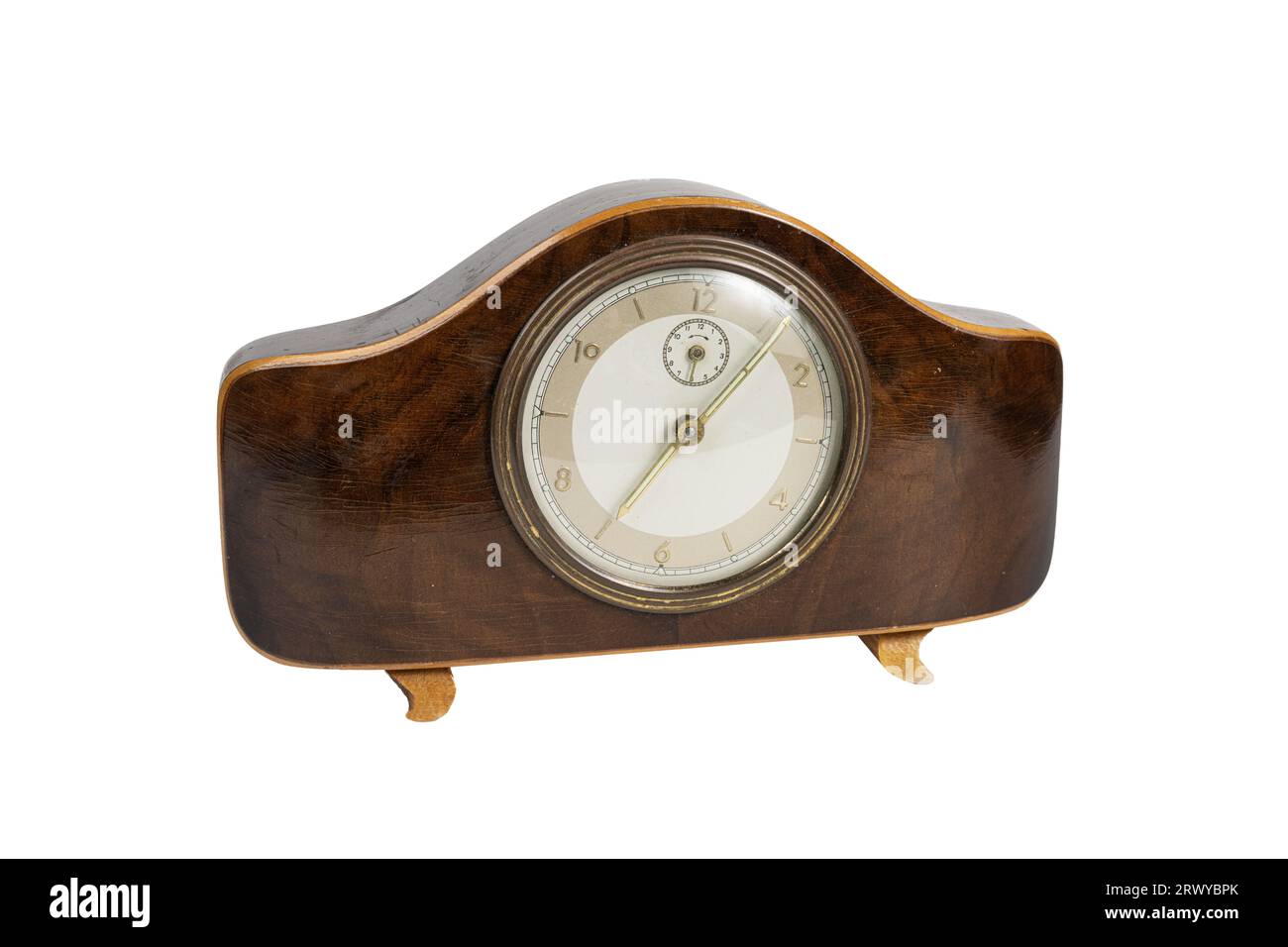 un orologio da tavolo vintage su una superficie trasparente Foto Stock