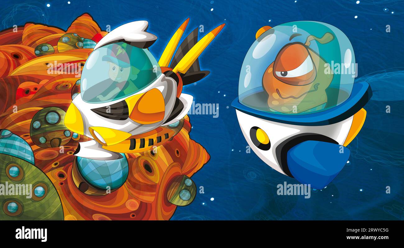 Cartoni animati divertente e colorata scena di un alieno cosmo galattico ufo, illustrazione isolata per bambini Foto Stock