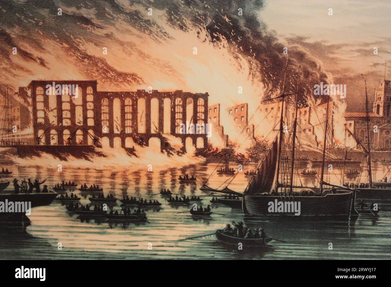 L'incendio di Tooley Street del 1861 nel suo primo giorno, l'incendio di Tooley Street del 1861, chiamato anche il grande incendio di Tooley Street, Tooley Street, Londra, Inghilterra, il 22 giugno 1861. Foto Stock